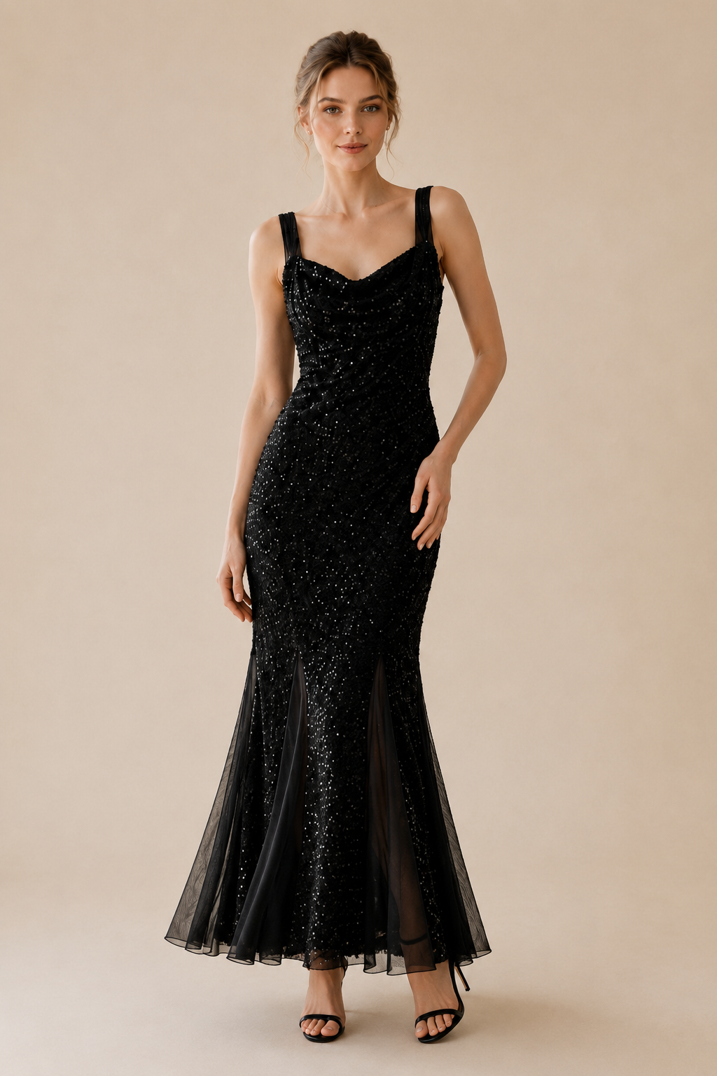 Black Sequin Cowl Neck Mermaid Maxi Dress