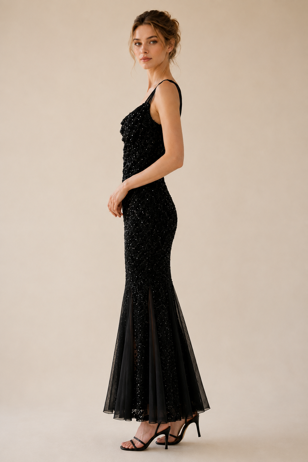 Black Sequin Cowl Neck Mermaid Maxi Dress