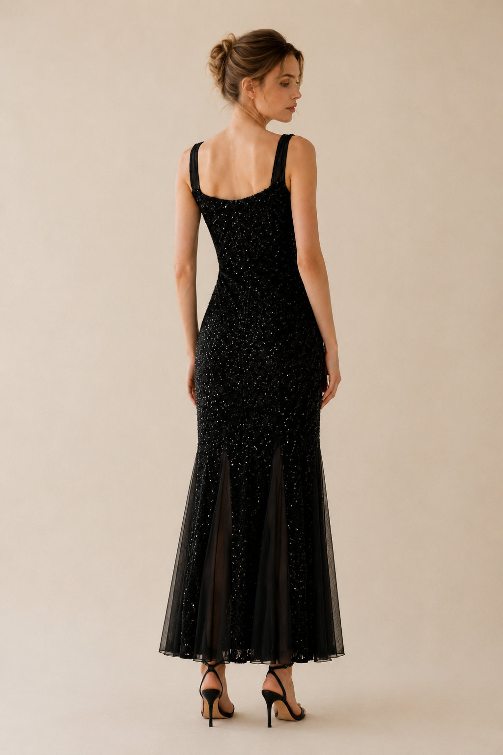 Black Sequin Cowl Neck Mermaid Maxi Dress